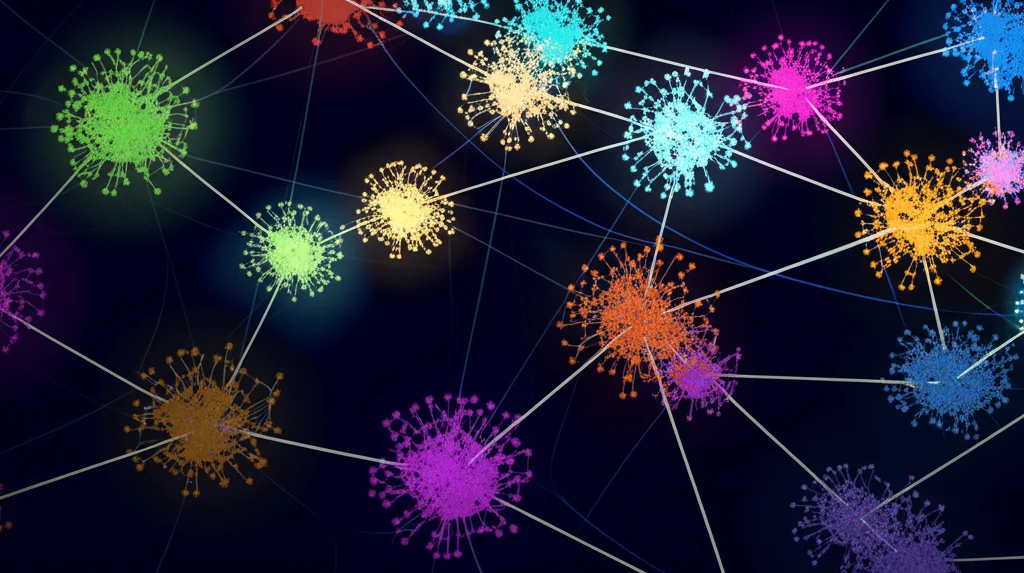 Visualizzazione 3D astratta di una rete di geni co-espressi (WGCNA). Nodi colorati (geni) collegati da linee (correlazioni). Alcuni nodi più grandi e centrali rappresentano i geni hub. Colori diversi indicano moduli differenti (blu, giallo-verde, viola, marrone). Sfondo scuro con effetti di luce che evidenziano le connessioni. Lente virtuale grandangolare 20mm.