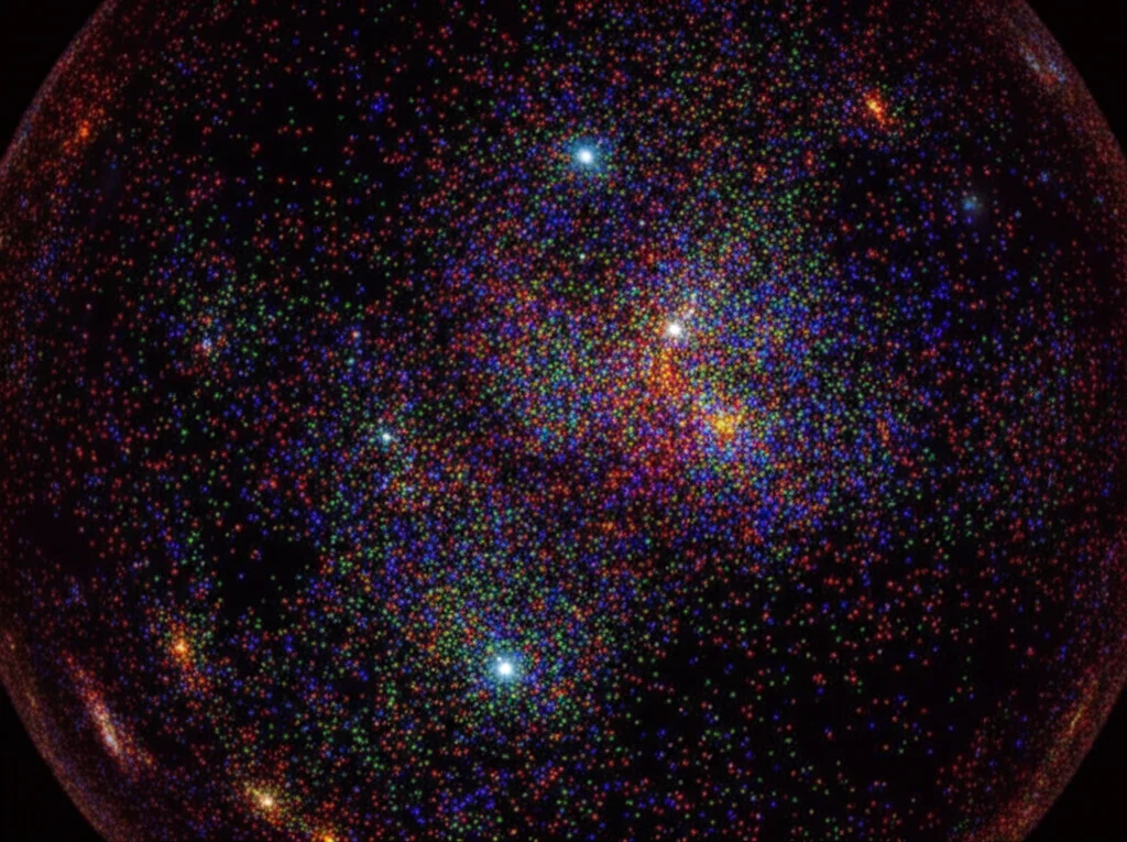 Visualizzazione artistica di dati single-cell RNA-seq come una galassia di punti colorati (cellule), con alcuni cluster (tipi cellulari come monociti e linfociti T) evidenziati. Fotografia astronomica stilizzata, wide-angle 10mm, long exposure, colori vibranti.