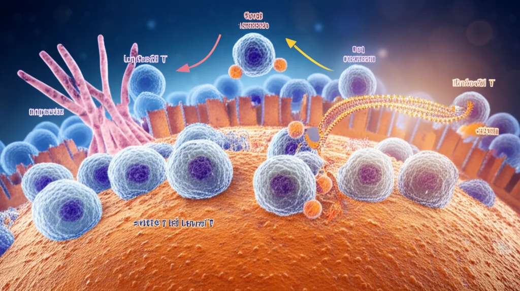 Diagramma astratto che illustra la comunicazione tra cellule immunitarie (monociti e linfociti T) attraverso segnali molecolari come MIF. Stile infografica scientifica fotorealistica, lente prime 35mm, colori duotone blu e arancio, profondità di campo.