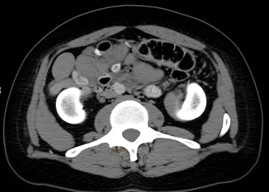 Immagine macro ad alta definizione di una scansione TC addominale al livello L3, che mostra chiaramente la muscolatura scheletrica per la valutazione della sarcopenia in un paziente con carcinoma epatocellulare. Illuminazione controllata, messa a fuoco precisa sui dettagli muscolari. Obiettivo macro 100mm.
