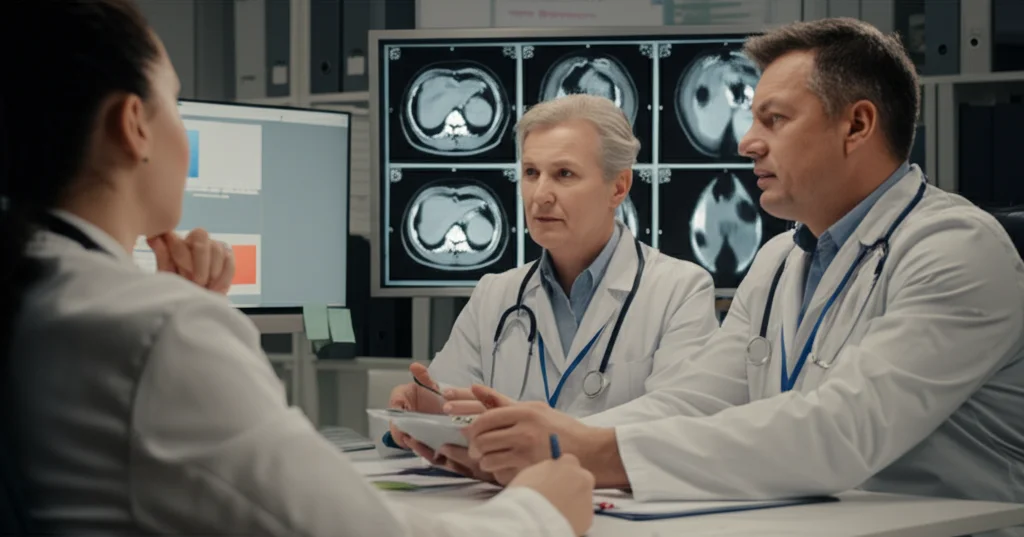 Fotografia di un team medico multidisciplinare (epatologo, oncologo, radiologo) che discute i risultati di uno studio clinico davanti a schermi che mostrano grafici AUC e scansioni TC di pazienti con HCC. Profondità di campo, luce soffusa da ufficio. Obiettivo prime 35mm.