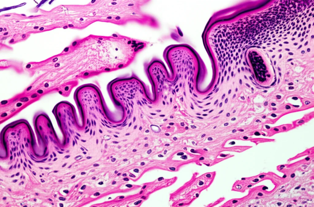 Fotografia macro della mucosa olfattiva umana, illuminazione controllata per evidenziare i dettagli cellulari, lente macro 90mm, alta definizione, focus preciso sulla superficie tissutale, ambiente di laboratorio sterile.
