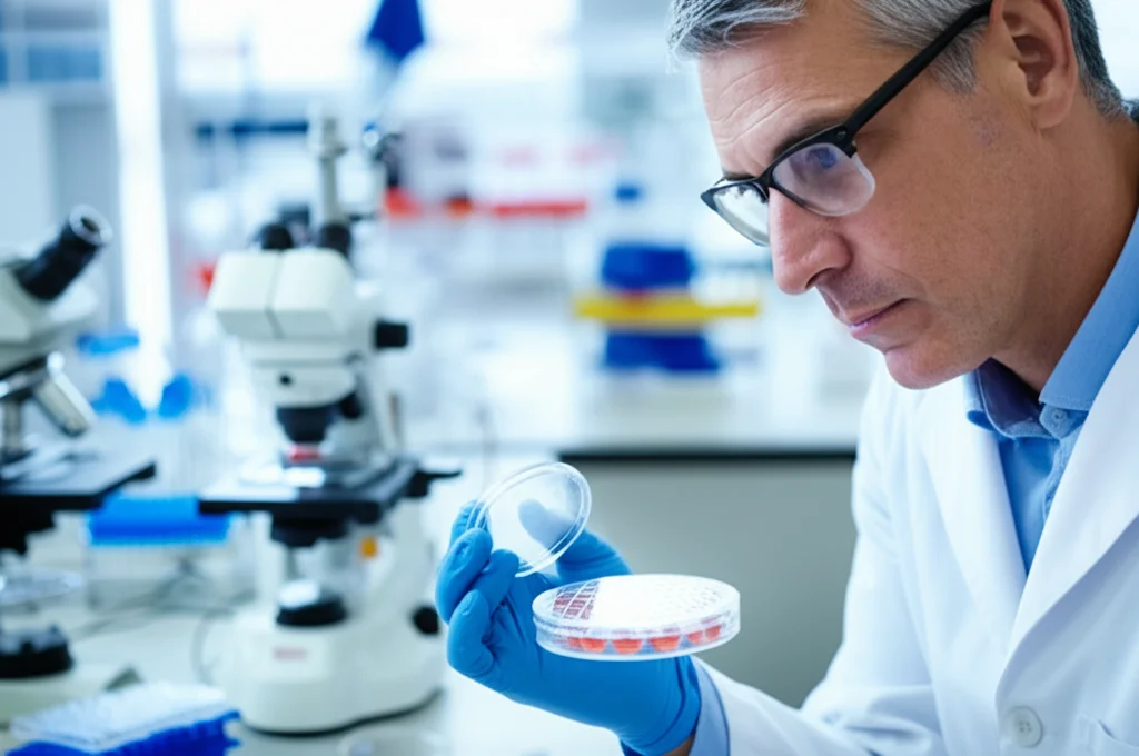 Ricercatore in camice bianco che osserva attentamente una piastra multi-pozzetto utilizzata per test di sensibilità ai farmaci su cellule di cancro gastrico in un laboratorio di ricerca. Messa a fuoco precisa sulla piastra, sfondo leggermente sfocato con attrezzature da laboratorio, luce da laboratorio chiara.