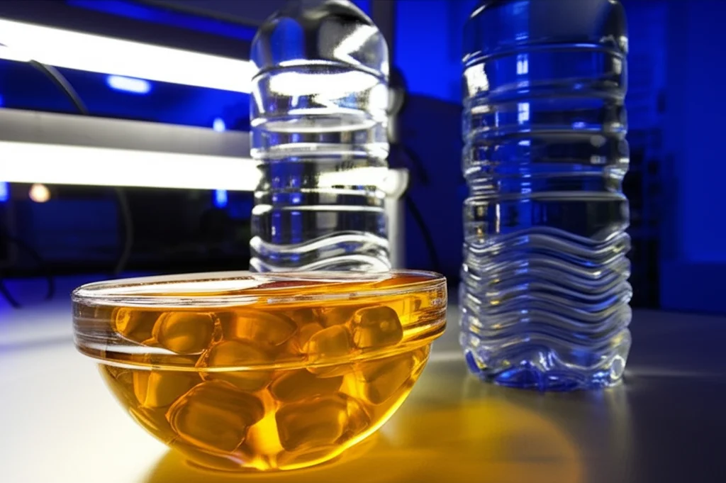 Still life, macro lens 85mm, foto di bottiglie d'acqua in plastica trasparente accanto a una ciotola traboccante di sciroppo di mais ad alto contenuto di fruttosio, su un banco di laboratorio, illuminazione controllata, alta definizione.