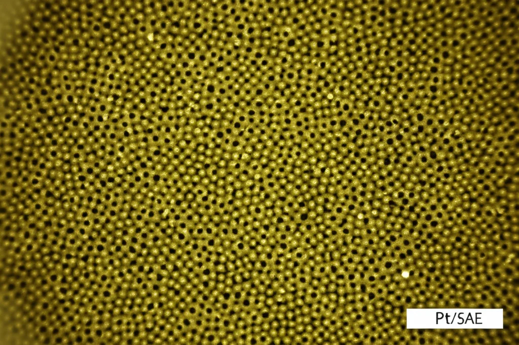 Immagine macro ad alta definizione di nano-particelle di platino ultrasmall (2-4 nm) disperse su un substrato di carbon dots, illuminazione da laboratorio controllata, focus estremamente preciso sui singoli atomi, lente macro 100mm, che illustra la struttura atomica del Pt/SAE.