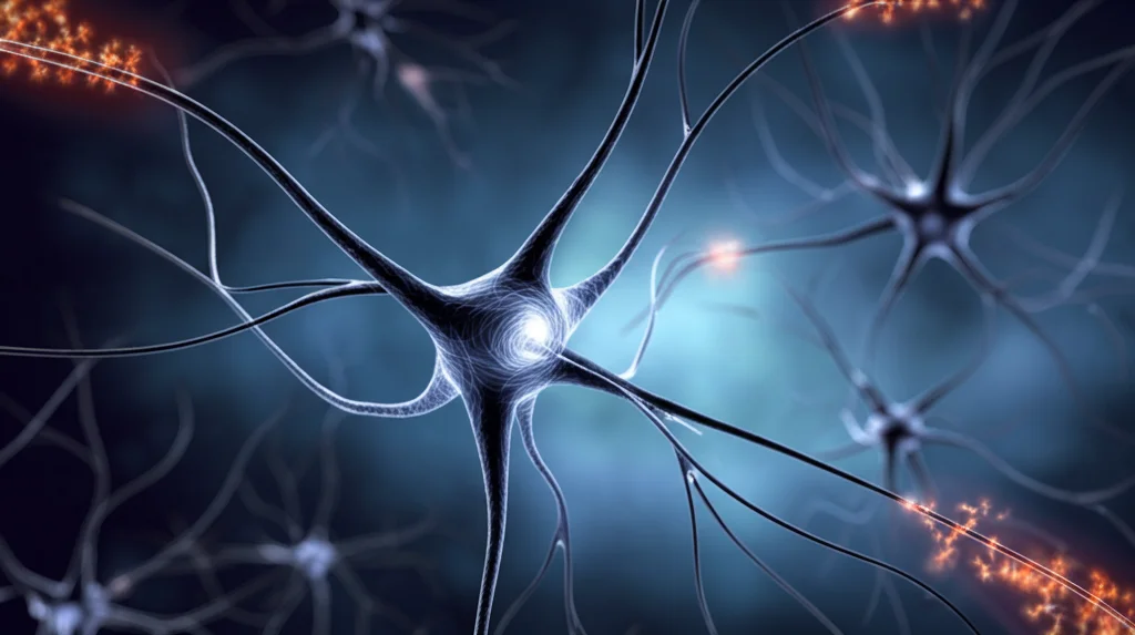 Immagine concettuale fotorealistica che rappresenta uno squilibrio ormonale, neuroni stilizzati che si attivano o rappresentazione astratta dell'attività della ghiandola surrenale, illuminazione drammatica controllata, profondità di campo, obiettivo 35mm.