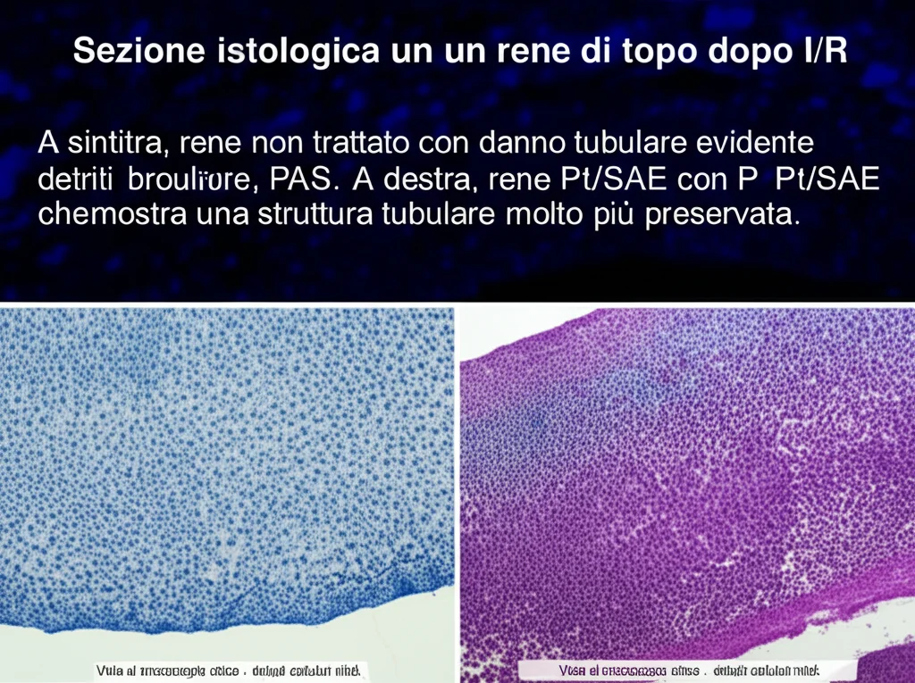 Sezione istologica di un rene di topo dopo I/R. A sinistra, rene non trattato con danno tubulare evidente (detriti cellulari, perdita brush border, colorazione PAS). A destra, rene trattato con Pt/SAE che mostra una struttura tubulare molto più preservata. Vista al microscopio ottico, dettagli cellulari nitidi, confronto diretto.