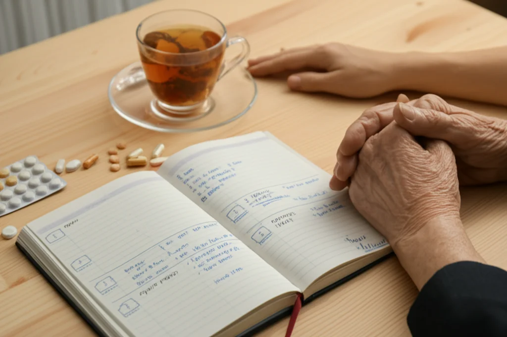 Fotografia still life, macro lens 85mm, su un tavolo di legno chiaro. Un diario aperto con appunti sulla dieta e farmaci accanto a una tazza di tisana fumante e una mano anziana che stringe delicatamente una mano più giovane. Illuminazione controllata e calda, alto dettaglio, messa a fuoco precisa sul diario e sulle mani.