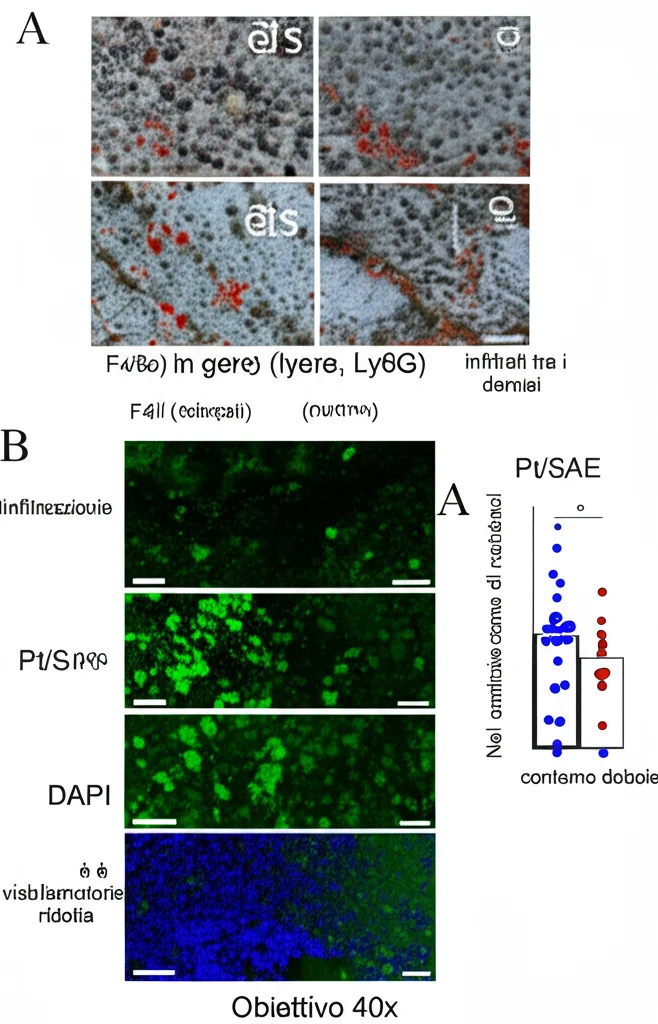 Immunofluorescenza di tessuto renale di topo dopo I/R. Si vedono macrofagi (marcati in rosso, F4/80) e neutrofili (marcati in verde, Ly6G) infiltrati tra i tubuli renali (contorno debole). Nel campione trattato con Pt/SAE, l'infiltrazione di queste cellule infiammatorie è visibilmente ridotta. Nuclei in blu (DAPI). Obiettivo 40x.