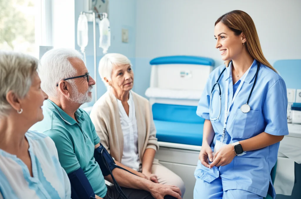 Fotografia di gruppo in una sala luminosa di un centro dialisi. Un'infermiera sorridente (circa 40 anni) parla con un piccolo gruppo di pazienti seduti (età diverse). Atmosfera positiva e di supporto. Obiettivo zoom 50mm, luce naturale diffusa, profondità di campo media per mantenere a fuoco il gruppo ma sfocare leggermente lo sfondo.