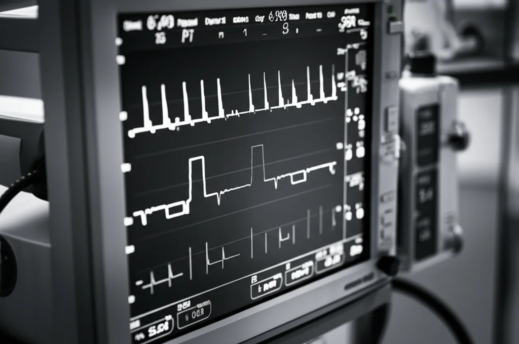 Fotografia di un monitor di terapia intensiva che mostra parametri vitali fluttuanti e un grafico della glicemia con un picco evidente (SHRmax). Stile film noir, bianco e nero, profondità di campo, lente 35mm, per rappresentare la criticità della sepsi e l'importanza del picco glicemico.