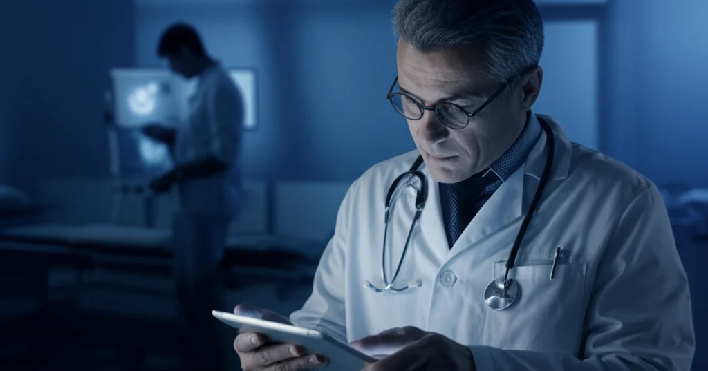 Ritratto di un medico pensieroso che esamina una cartella clinica digitale su un tablet in un ambiente ospedaliero scarsamente illuminato. Duotono blu e grigio, lente 35mm, per simboleggiare la riflessione clinica sull'uso di nuovi biomarcatori come l'SHR nella gestione della sepsi.