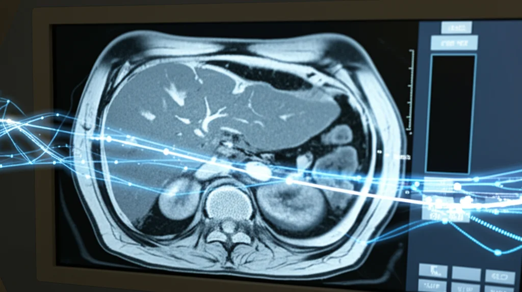 Immagine fotorealistica ad alto dettaglio di una scansione MRI del fegato visualizzata su un monitor medicale avanzato, con sovrapposte linee luminose astratte che rappresentano le connessioni di una rete neurale (AI). Utilizzare un obiettivo macro da 85mm per mettere a fuoco i dettagli della scansione e le linee AI, con illuminazione controllata per enfatizzare l'aspetto tecnologico e diagnostico. High detail, precise focusing, controlled lighting, medical technology, artificial intelligence analysis.