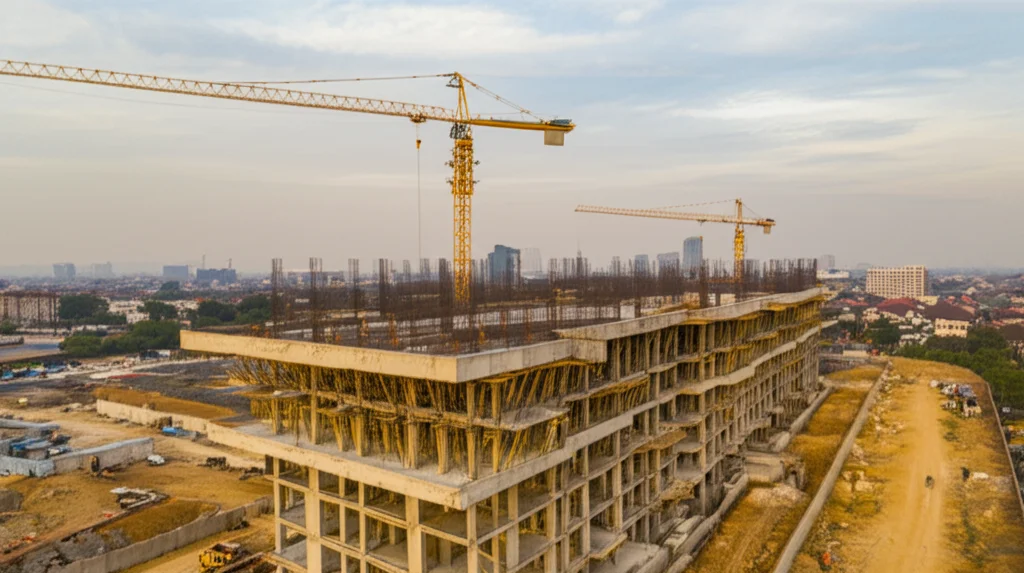 Modello BIM 3D dettagliato di un edificio moderno sovrapposto a una foto aerea del cantiere reale in Indonesia, evidenziando efficienza e tecnologia. Obiettivo grandangolare 18mm, luce del tardo pomeriggio, messa a fuoco nitida su entrambi i livelli (digitale e reale), mostrando l'integrazione tra progetto e realizzazione.