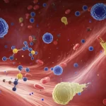 Visualizzazione astratta e dinamica di cellule immunitarie e molecole infiammatorie in un flusso sanguigno turbolento, rappresentante la risposta disregolata allo stress nella sepsi. Colori intensi e contrastanti (rosso, blu, giallo), effetto movimento, lente macro 60mm, alta definizione, illuminazione drammatica.
