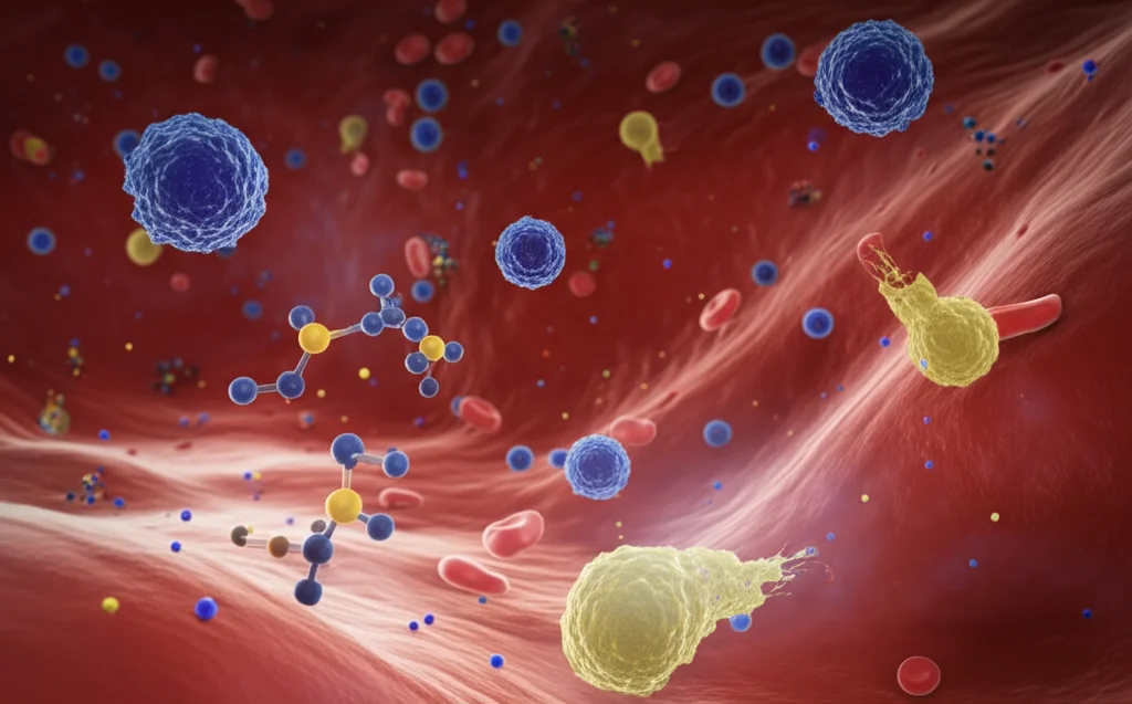 Visualizzazione astratta e dinamica di cellule immunitarie e molecole infiammatorie in un flusso sanguigno turbolento, rappresentante la risposta disregolata allo stress nella sepsi. Colori intensi e contrastanti (rosso, blu, giallo), effetto movimento, lente macro 60mm, alta definizione, illuminazione drammatica.