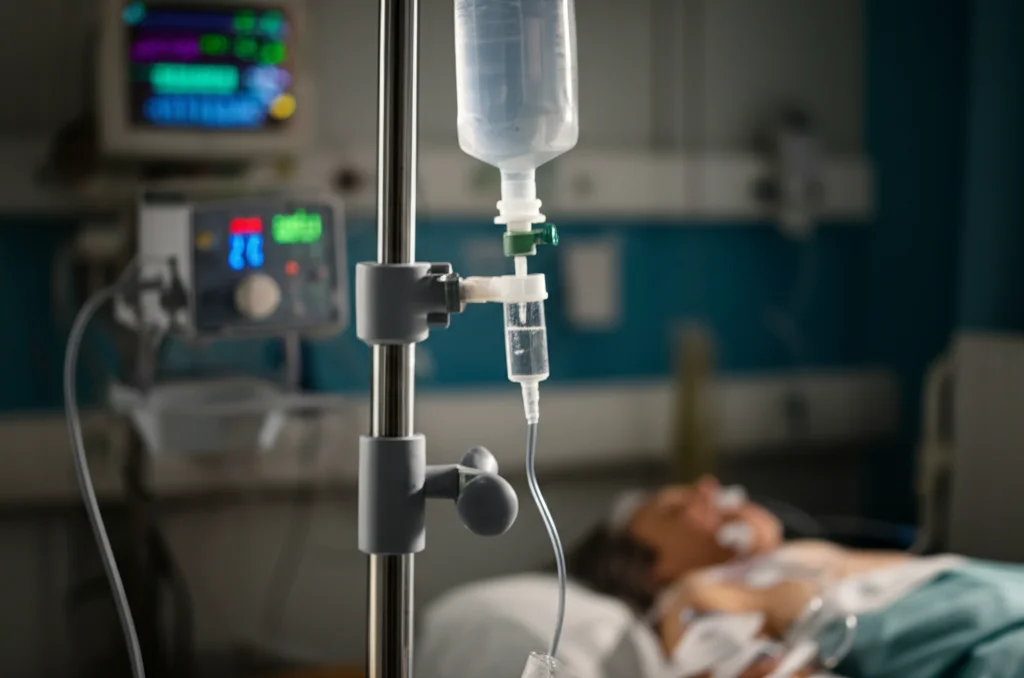 Immagine fotorealistica di un'unità di terapia intensiva moderna, focus su una pompa infusionale che somministra idrocortisone per via endovenosa a un paziente fuori campo, luce controllata e drammatica stile film noir, obiettivo macro 85mm per dettaglio sulla pompa e sul tubo trasparente con il farmaco.