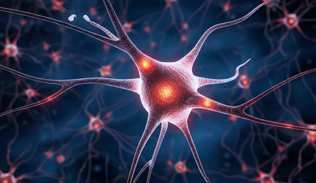 Visualizzazione artistica ma realistica di neuroni e vasi sanguigni nel cervello, con alcune aree evidenziate da una leggera luminescenza rossa a simboleggiare infiammazione o stress post-arresto cardiaco. Profondità di campo ridotta, obiettivo prime 50mm, dettagli elevati.