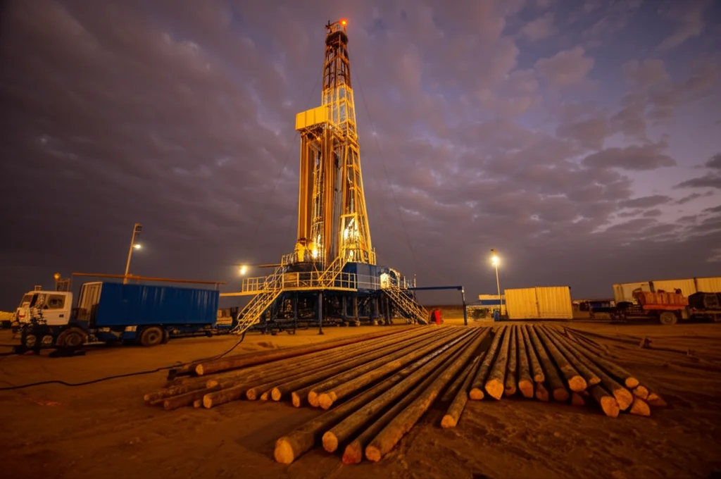 Fotografia di un paesaggio desertico egiziano al tramonto, wide-angle 15mm, messa a fuoco nitida. In primo piano, attrezzatura per il logging di pozzo vicino a una piattaforma di perforazione nel campo Shahd SE. Luci calde, cielo drammatico.