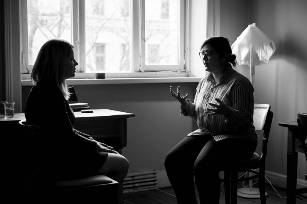 Due persone sedute una di fronte all'altra in un ambiente caldo e accogliente, simile a uno studio di consulenza. Una persona ascolta con empatia (terapeuta), l'altra parla gesticolando leggermente (cliente). Luce naturale soffusa da una finestra. Fotografia ritratto, obiettivo 50mm, bianco e nero film noir, profondità di campo media.