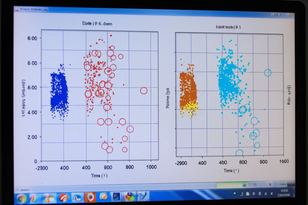 Scatto macro, 85mm, di uno schermo di computer che mostra grafici complessi di dati di log di pozzo. Si vedono crossplot colorati (simili a Fig. 4/5/6 del paper originale) con punti dati evidenziati. Illuminazione controllata da ufficio, alta definizione, messa a fuoco precisa sui grafici.
