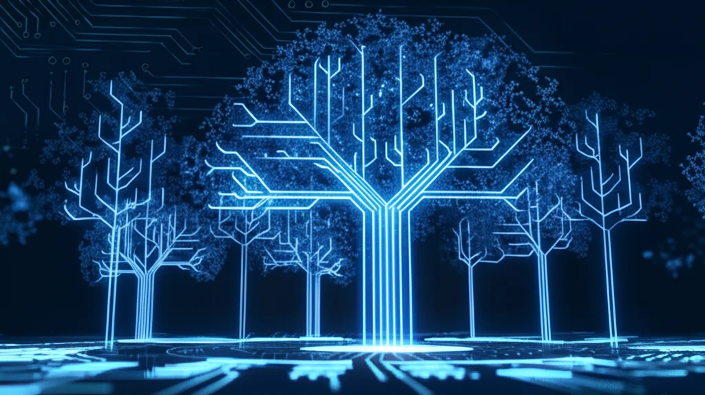 Visualizzazione astratta ma fotorealistica di un modello ensemble come Random Forest o CatBoost, 50mm, che mostra molti alberi decisionali stilizzati che convergono verso un'unica previsione accurata. Sfondo tecnologico blu scuro, illuminazione d'effetto sui percorsi decisionali, alta definizione.