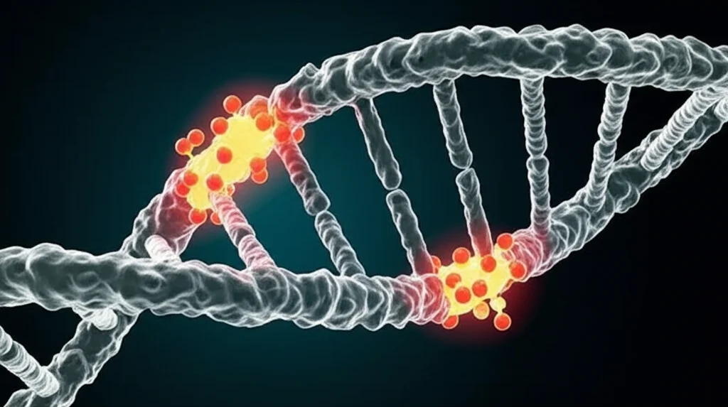 Visualizzazione 3D fotorealistica di un filamento di DNA a doppia elica. Gruppi metilici, rappresentati come piccole sfere luminose, sono attaccati a specifiche basi di citosina lungo il filamento. Obiettivo macro 100mm, alta definizione dei dettagli molecolari, illuminazione da studio controllata che evidenzia la struttura tridimensionale e i siti di metilazione, sfondo scuro e pulito.