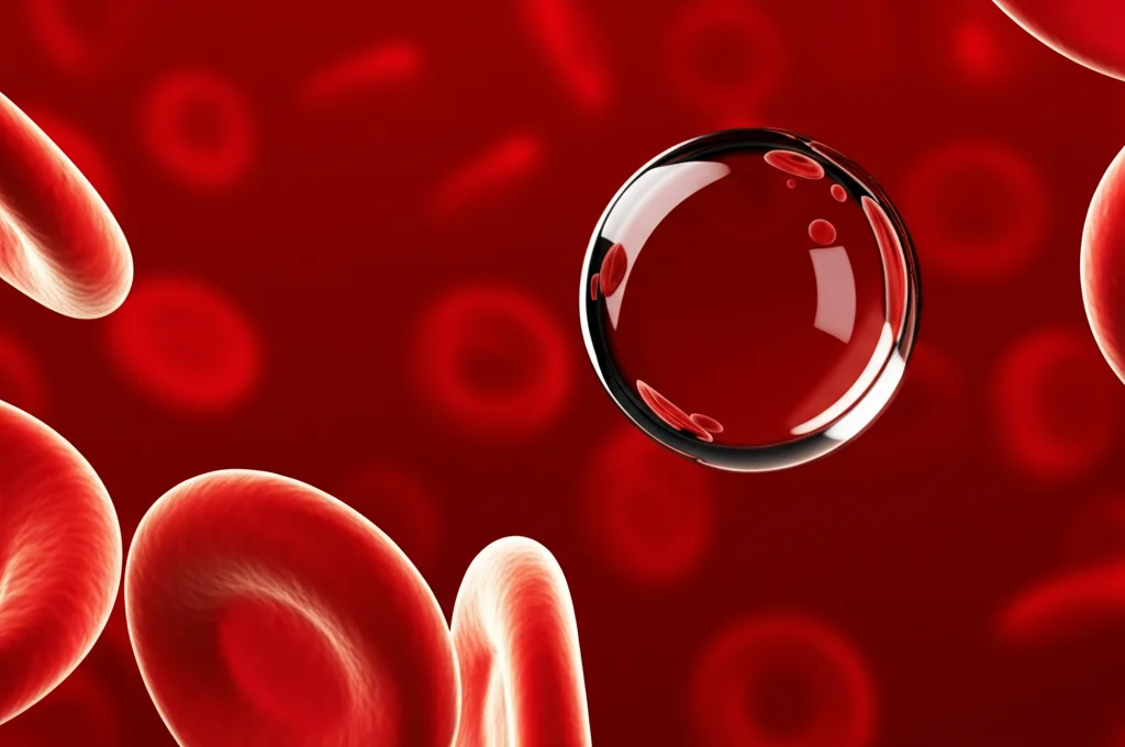 Macro fotografia di una goccia di sangue su una superficie di laboratorio sterile, messa a fuoco precisa sui globuli rossi, illuminazione controllata che crea riflessi drammatici, obiettivo macro 100mm, alta definizione.