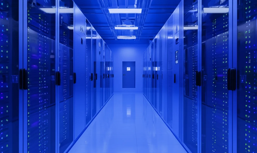 Interno di un impianto di stoccaggio di energia a batteria su larga scala, file di armadi batteria illuminati da luci LED blu, profondità di campo, obiettivo prime 35mm, atmosfera high-tech, dettagli nitidi e riflessi sul pavimento lucido.