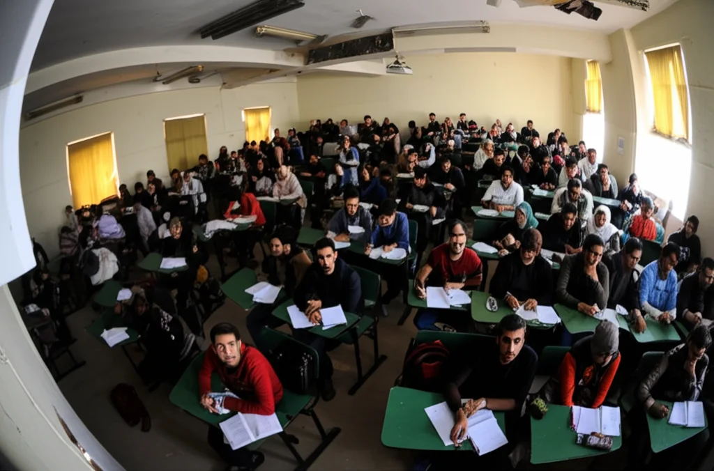 Fotografia grandangolare, 24mm, di un'aula universitaria libanese parzialmente danneggiata o sovraffollata, con studenti rifugiati e locali che cercano di seguire una lezione, luce mista, che simboleggia le difficoltà strutturali e la pressione sul sistema educativo.