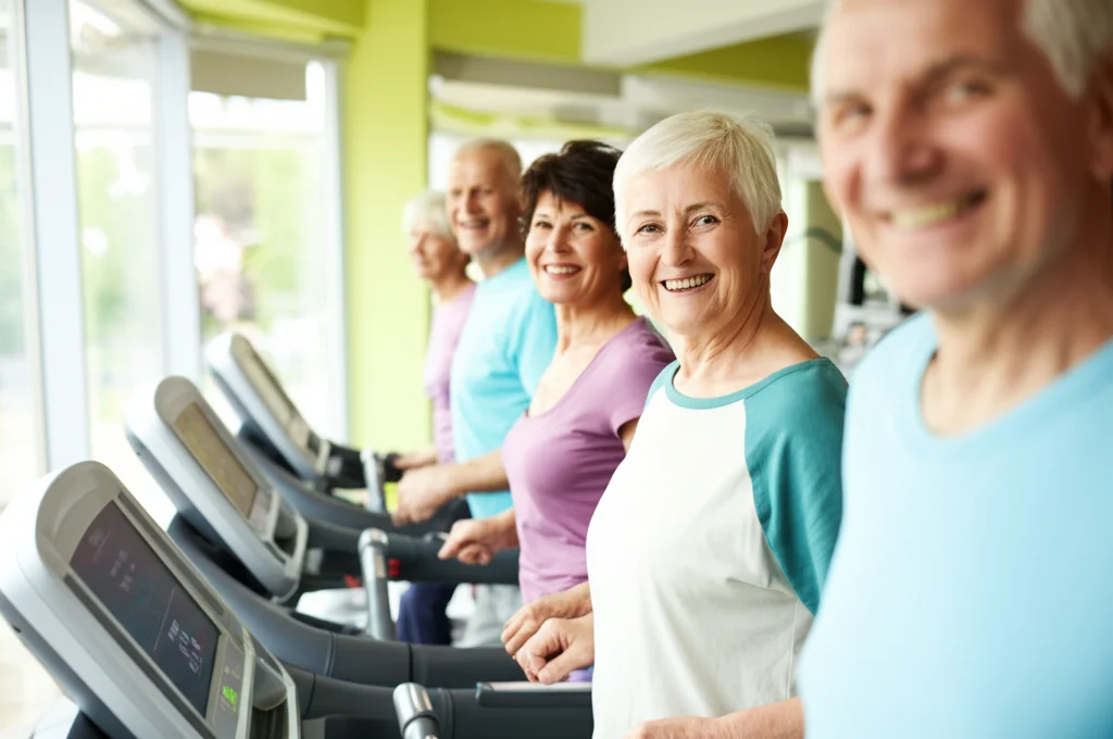 Fotografia di un gruppo di anziani sorridenti (età 70-80 anni) che camminano su tapis roulant in una palestra luminosa. Obiettivo zoom 35mm, profondità di campo per mettere a fuoco il gruppo ma sfocare leggermente lo sfondo, luce naturale controllata.