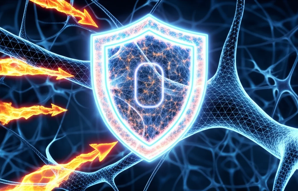 Immagine fotorealistica, obiettivo macro 100mm, alta definizione, che mostra una rete neurale stilizzata e luminosa protetta da uno scudo energetico traslucido (simbolo della chetosi) contro frecce infuocate (simbolo dell'ictus e infiammazione), illuminazione controllata.