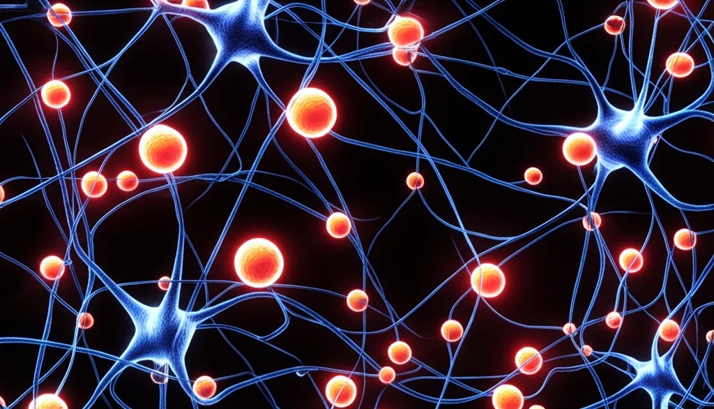 Fotografia macro, obiettivo 60mm, alta definizione, che mostra corpi chetonici stilizzati (sfere luminose) che interagiscono con neuroni sani, illuminazione controllata per evidenziare l'energia alternativa fornita al cervello.