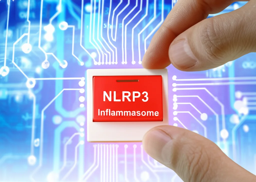Immagine concettuale, stile fotorealistico, obiettivo 35mm con profondità di campo, che mostra una mano che spegne un interruttore rosso acceso etichettato 'NLRP3 Inflammasome', simboleggiando l'inibizione dell'infiammazione, in un contesto di circuiti neurali.