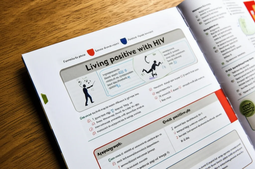 Fotografia macro di una pagina aperta dell'opuscolo di auto-aiuto 'Living positive with HIV' in lingua Setswana, poggiato su un tavolo di legno rustico. Obiettivo macro 90mm, alta definizione dei dettagli del testo e delle illustrazioni semplici, illuminazione laterale controllata che crea leggere ombre, focus preciso su una sezione di esercizi.