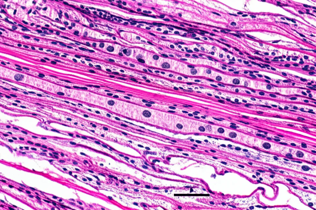 Macro fotografia, 70mm, di una sezione trasversale dettagliata di tessuto cerebellare con cellule di Purkinje sotto stress sottile, giustapposta a una regione corticale meno colpita sullo sfondo. Illuminazione controllata, alto dettaglio, messa a fuoco precisa, enfatizzando la struttura cellulare.
