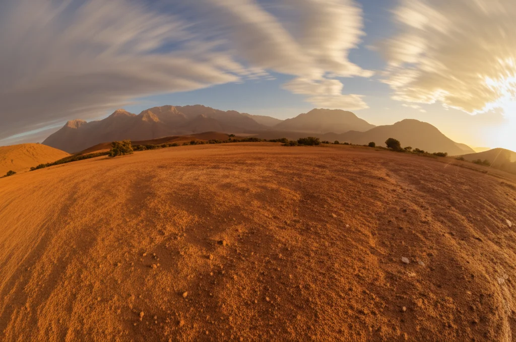 Paesaggio semi-arido della regione del Boussellam, Algeria, vista grandangolare 15mm con obiettivo wide-angle, focus nitido su terreno arido in primo piano e montagne sfocate sullo sfondo, luce dorata del tardo pomeriggio, long exposure per nuvole soffici.