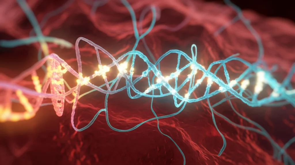 Concetto fotorealistico astratto, obiettivo macro 90mm, che raffigura filamenti di RNA aggrovigliati e erroneamente 'spliced' che brillano erraticamente all'interno di un nucleo cellulare neuronale. Alto dettaglio, profondità di campo ridotta focalizzata su un segmento 'criptico', illuminazione controllata e leggermente fioca.