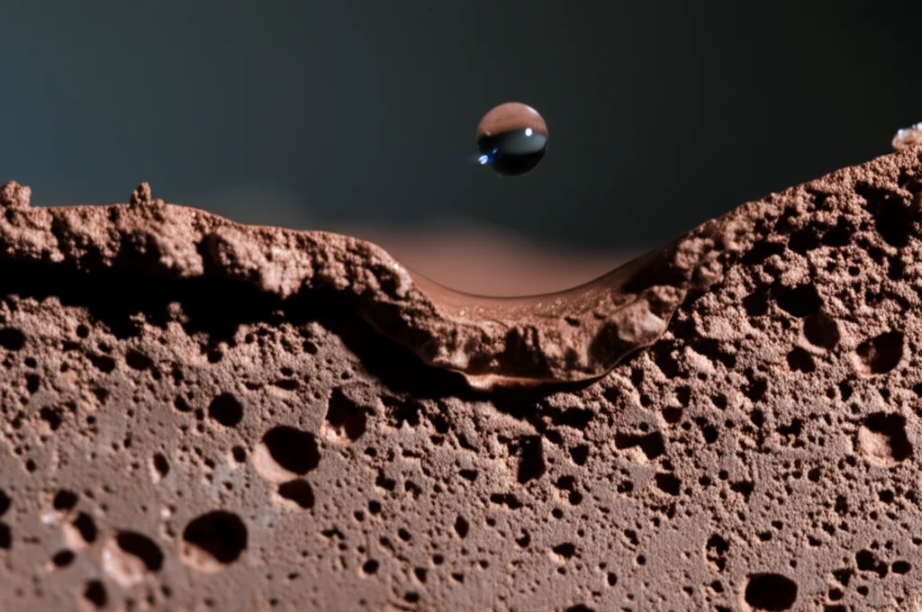 Primo piano di acqua che gocciola e si infiltra lentamente in un terreno argilloso e poroso, lente macro 100mm, alta definizione dei dettagli delle particelle di suolo e delle gocce d'acqua, illuminazione laterale controllata per creare ombre e texture.