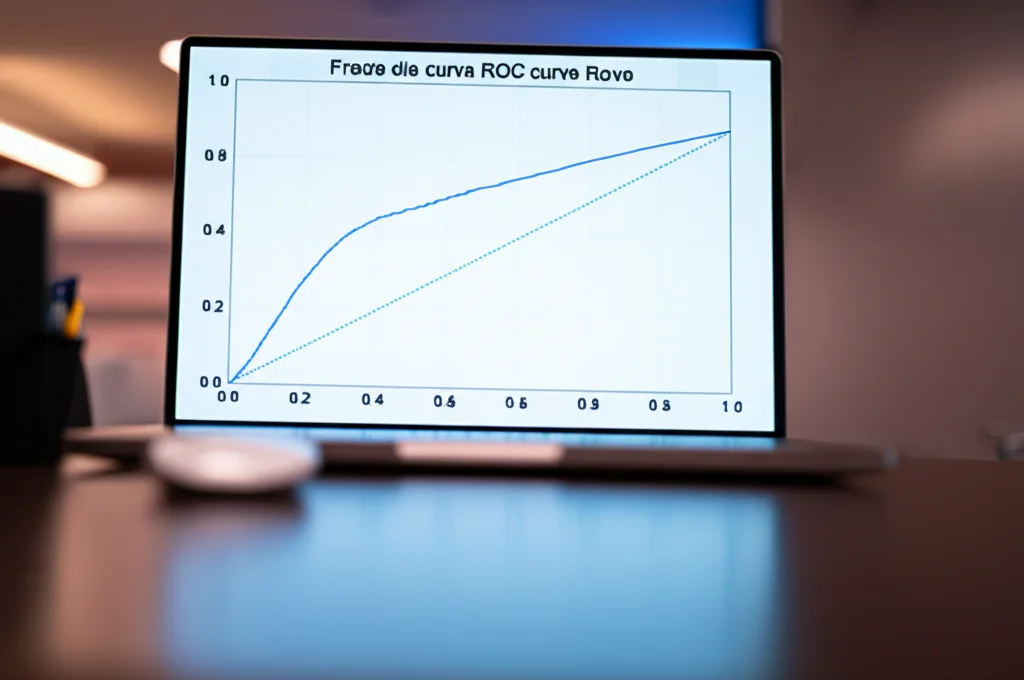 Grafico della curva ROC su uno schermo di computer, che mostra una curva blu ben al di sopra della linea diagonale di riferimento, indicando un'alta performance del modello, stile visualizzazione dati fotorealistica, leggero riflesso sullo schermo.