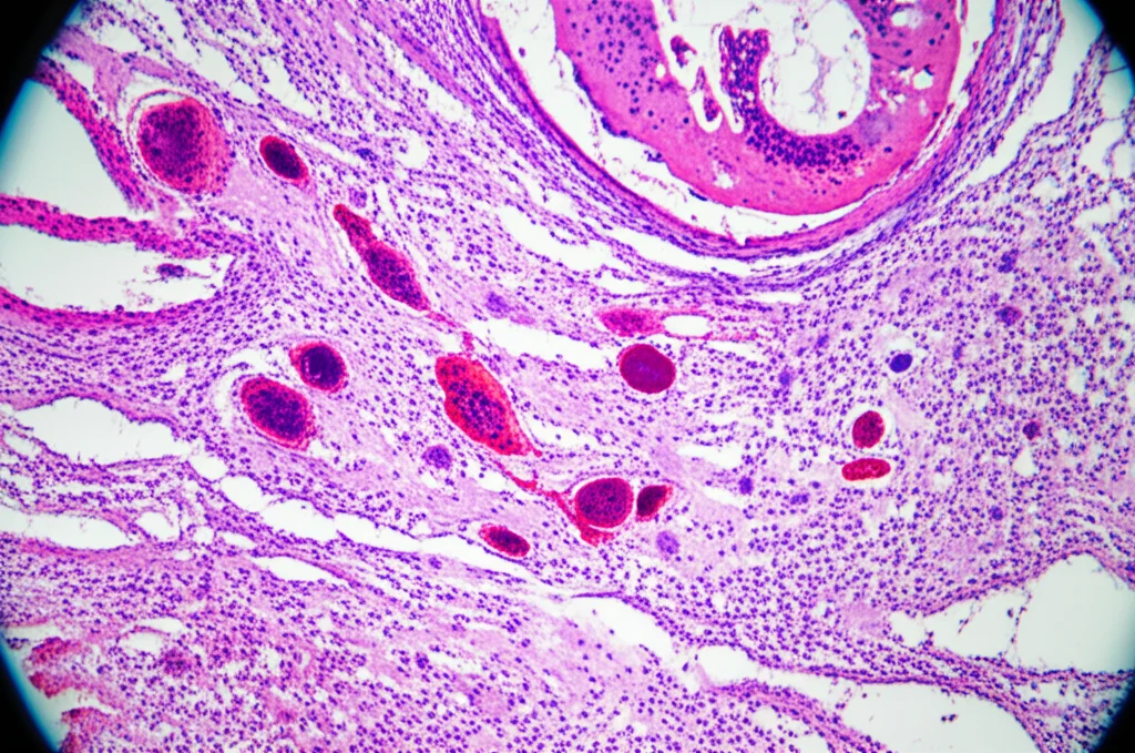 Scatto macro, obiettivo da 60 mm, dettagli elevati, che mostra una sezione trasversale del tessuto polmonare umano al microscopio, chiaramente visibili cicatrici fibrotiche caratteristiche di IPF insieme a cluster di cellule anormali che indicano il carcinoma polmonare in fase iniziale, l'illuminazione controllata da laboratorio.