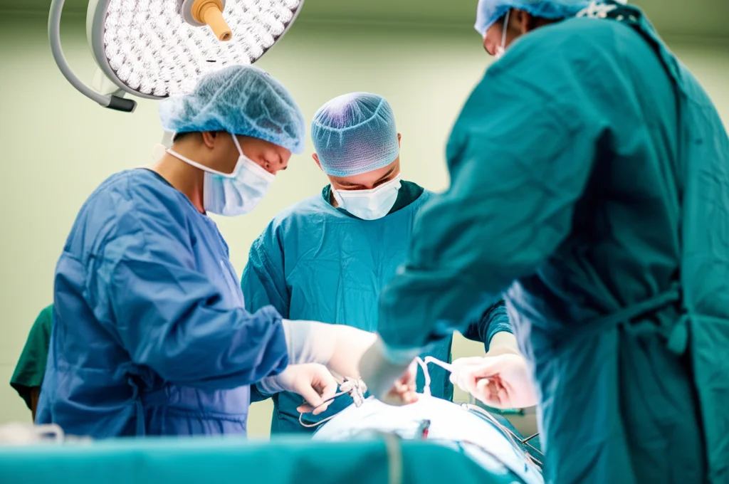 Scatto grandangolare, obiettivo da 24 mm, catturando l'intensità di una sala operatoria di chirurgia toracica. I chirurghi nei scrub sono focalizzati sul paziente sotto luci chirurgiche brillanti. La leggera sfocatura delle mani suggerisce l'attività. L'umore complessivo è di elevato e precisione.