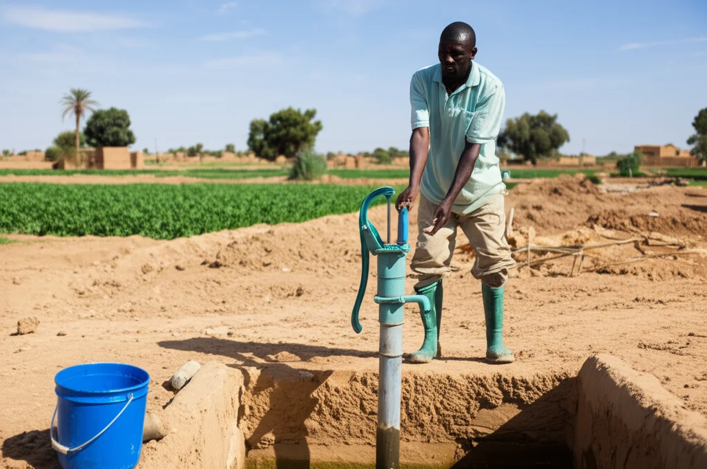 Tecnico in campo che preleva un campione d'acqua da un pozzo poco profondo utilizzando una pompa manuale, sfondo di un paesaggio rurale algerino, lente zoom 35mm, luce naturale del giorno, focus sul tecnico e sull'attrezzatura.