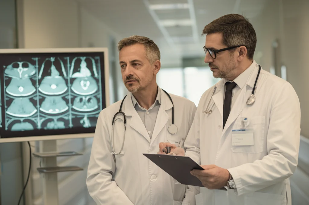 Fotografia di ritratto, lente Prime da 35 mm, che cattura due medici, uno identificabile come oncologo e l'altro un polmonologo da segnali sottili (ad esempio stetoscopio), impegnati in una discussione collaborativa sulle scansioni TC del paziente visualizzate su uno schermo illuminato. Lo sfondo mostra un corridoio ospedaliero dolcemente sfocato. Calorosi colori del duotone (ad es. Seppia e crema) evocano un senso di partnership e speranza. La profondità di campo è evidente.