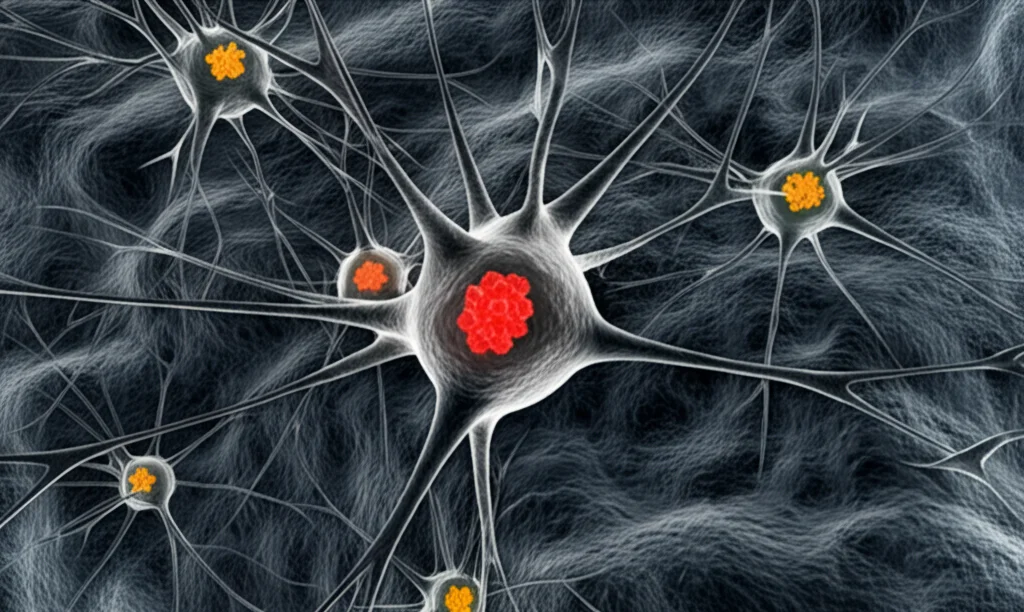 Immagine concettuale, lente grandangolare, 20mm, rappresentazione astratta dei recettori oppioidi luminosi (MOR evidenziati in rosso/arancione) su una superficie neurone stilizzata, suggerendo legame e attivazione del farmaco, duotoni blu e grigi.