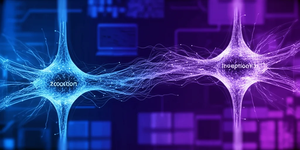 Immagine fotorealistica di due reti neurali digitali, una rappresentante InceptionV3 e l'altra Xception, che si fondono graficamente a simboleggiare l'approccio ensemble. Sfondo astratto high-tech. Obiettivo prime 50mm, profondità di campo ridotta, illuminazione al neon blu e viola.