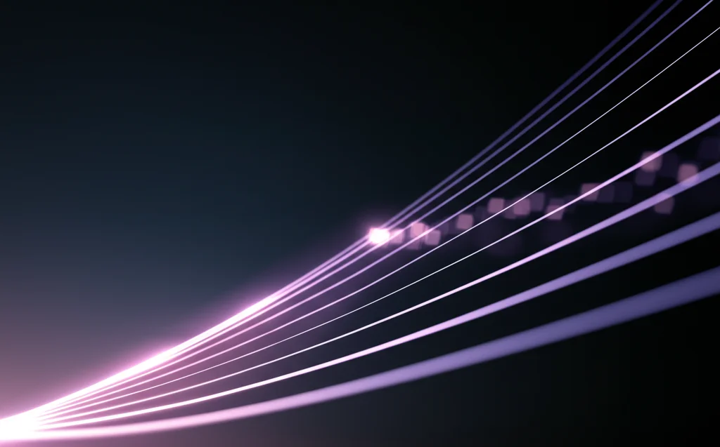 Grafico astratto fotorealistico che mostra una curva di accuratezza che sale rapidamente verso il 98-99%. Linee luminose su sfondo scuro, effetto high-tech. Obiettivo macro 100mm, alta definizione, focus preciso sulla parte alta della curva.