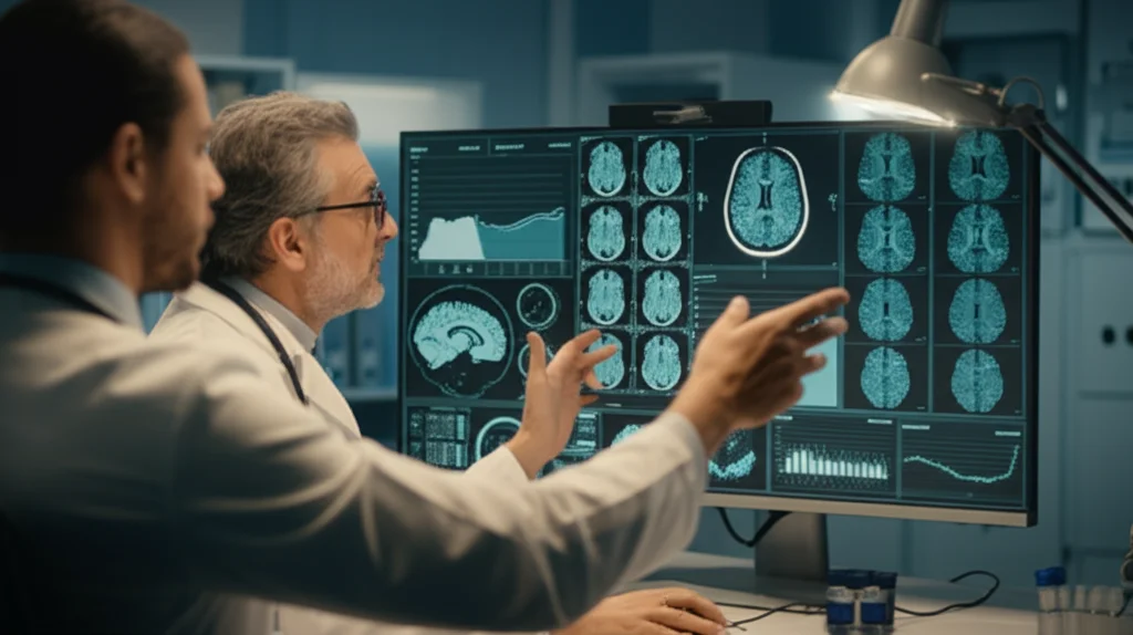 Immagine fotorealistica di un medico e un ricercatore AI che collaborano davanti a uno schermo che mostra scansioni cerebrali e analisi AI. Ambiente di laboratorio moderno e luminoso. Obiettivo zoom 35mm, profondità di campo, colori naturali.