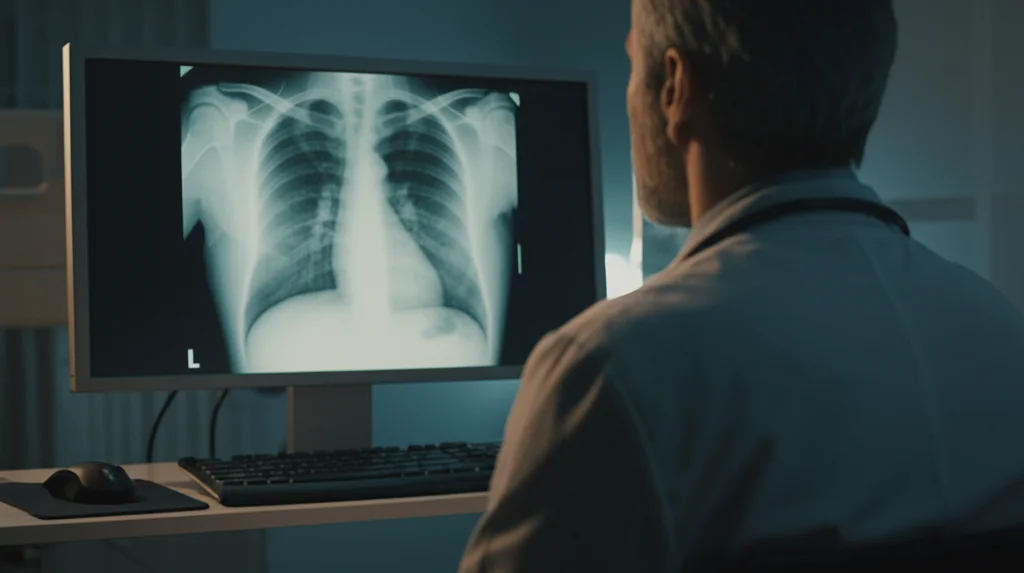 Radiografia del torace visualizzata su un monitor medicale ad alta definizione in una stanza poco illuminata. Un medico radiologo, di spalle, la sta analizzando attentamente. Obiettivo 50mm, depth of field, luce controllata sul monitor.