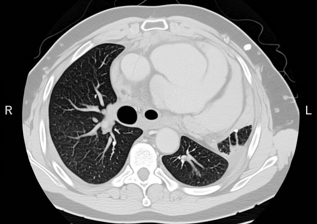 Sezione trasversale di una TAC toracica ad alta risoluzione che mostra chiaramente ispessimento della parete bronchiale e alcune aree a vetro smerigliato. Immagine medica tecnica, macro lens 100mm, high detail, controlled lighting.